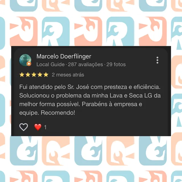 Avaliação de cliente sobre conserto de lava e seca LG