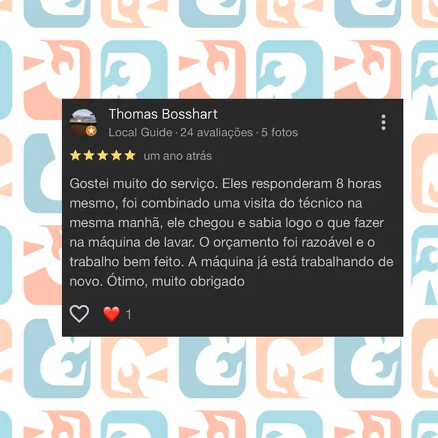 Avaliação de cliente sobre conserto de máquina de lavar