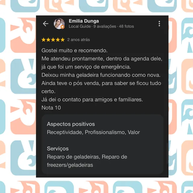 Avaliação de cliente sobre reparo de geladeira com atendimento de emergência